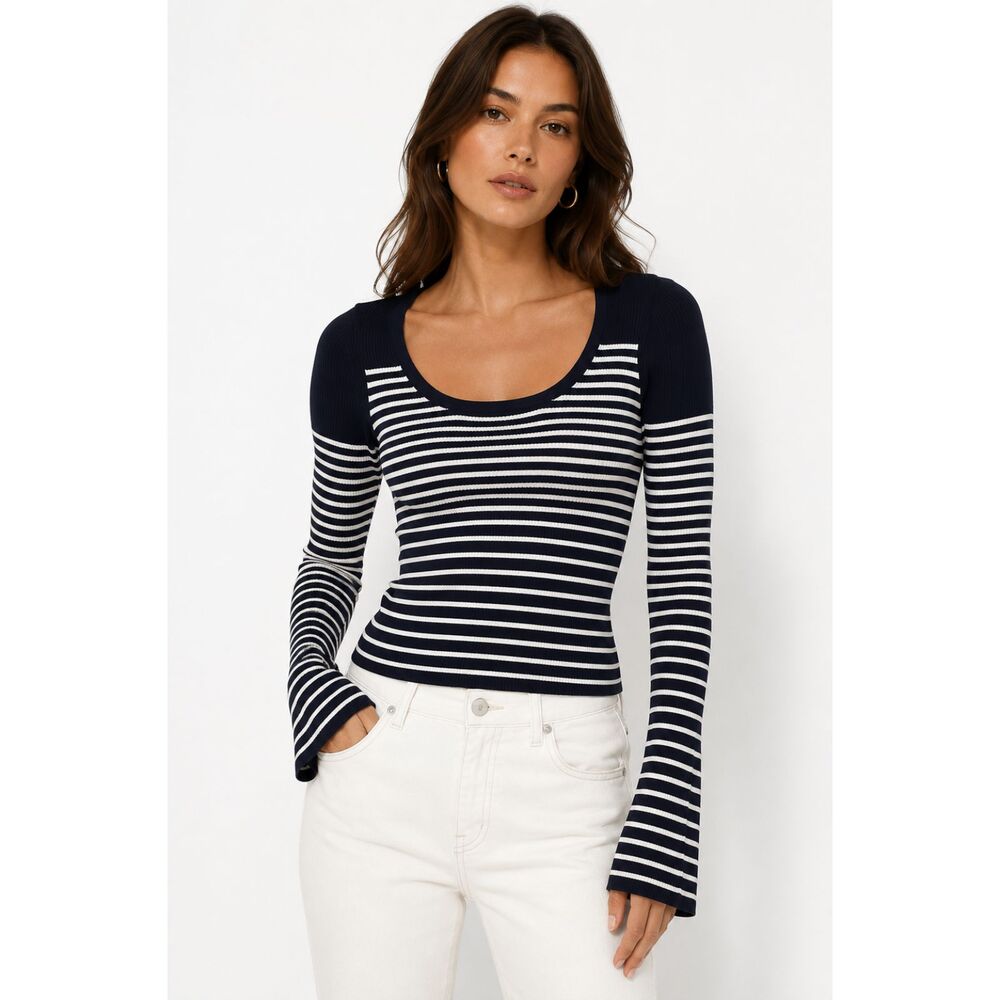SAINT ART Striped Scoop Neck‎ Light Sweater Navy Small